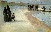 Peter Severin Kroyer en hvid bad i strandkanten, lys sommeraften oil painting artist